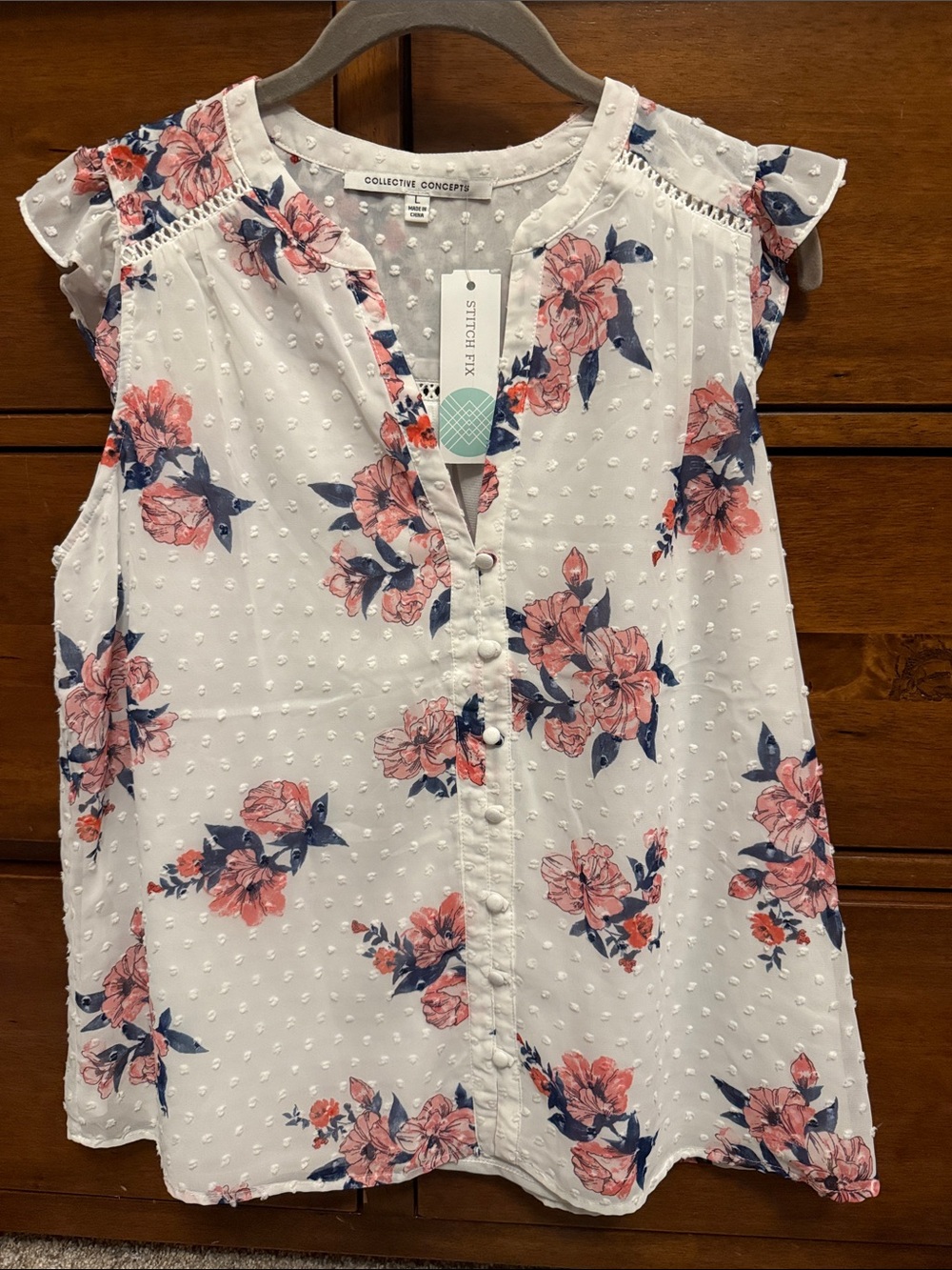 Collective Concepts White Floral Swiss Dot Button-Front Tank with Pink Blossoms